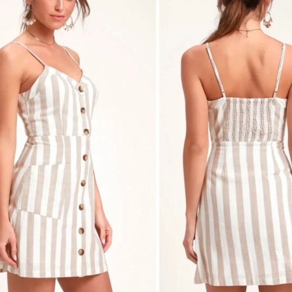 Lulus On the Pier Tan and White Striped Button Front Mini Dress
